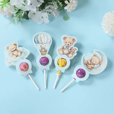 24 יחידות כרטיסי נייר דקורטיביים בצורת דובי חמוד לסוכריות על מקל, עטיפות סוכריות על מקל בנושא דובי כחול למסיבת גילוי מין